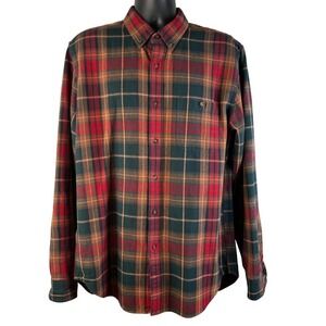 J.Crew Mens Large Plaid Flannel Shirt Elbow Patches Green Red Brown Button Down
